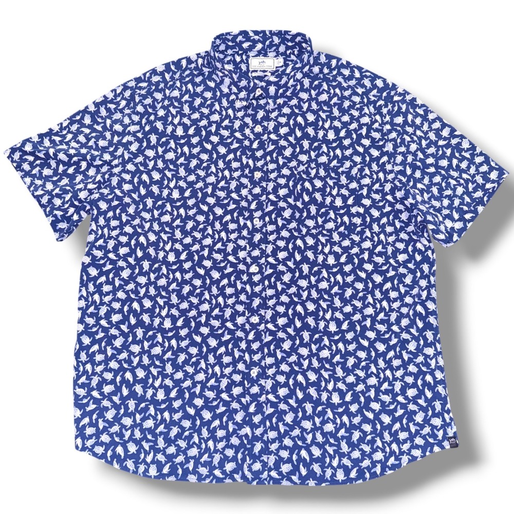 Southern Tide Intercoastal Mens XXL Blue White Sea Turtle Short Sleeve Stretch